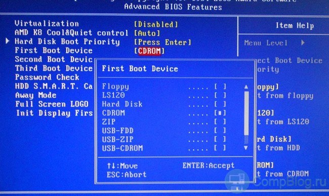 Ніяких труднощів в цьому пункті виникнути не повинно, просто ставимо CDROM в саму верхню строчку boot-menu (вкажіть його як First Boot Device):