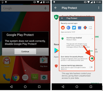 Крім того, використовується перевірка включений режим захисту відтворення, чи ні, якщо він не дозволяє відображати підроблені попередження «Система працює неправильно, відключає захист Google Play» і то шкідливий просить користувачів відключити її