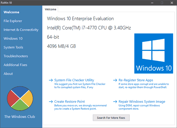 У головному вікні програми є кілька вкладок, і всі помилки, характерні тільки для Windows 10, винесені в окрему, а інші стосуються всіх версій Windows