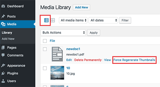 Вам потрібно буде відвідати «Медіа»> «Бібліотека», ви повинні активувати «режим перегляду» в режимі перегляду, і, нависаючи над PDF-файлом, ви знайдете посилання «Примусово відновити мініатюри», і ви повинні клацнути по ній