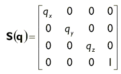 Ми можемо масштабувати вектор з коефіцієнтом qx по осі Х, коефіцієнтом qy по осі Y і коефіцієнтом qz по осі Z, помноживши його на наступну матрицю: