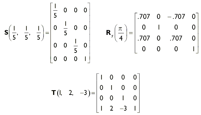 Ми инициализируем наші матриці перетворень S, R y, T для масштабування, повороту і переміщення відповідно, наступним чином: