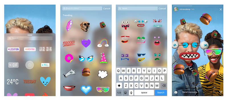 Гифки в «Історіях» Instagram діляться на кілька тематичних категорій: «аксесуари» (accessories), «ефекти» (effects), Emoji, текстові (word Art) і зникаючі стікери (peekers)