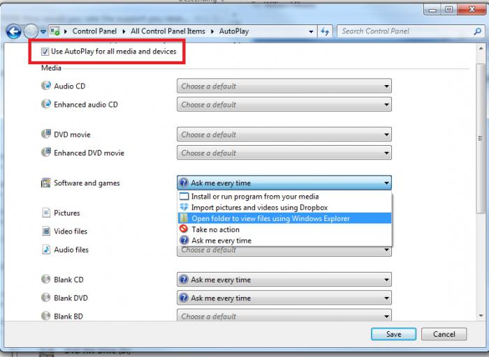 В ОС сімейства Windows, починаючи з Vista, автозапуск може бути відключений двома способами