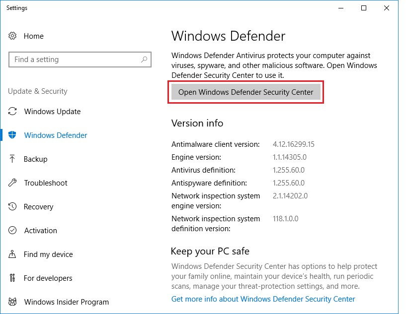 У лівому бічному меню Windows Defender Security Center необхідно вибрати пункт Virus & threat protection, а потім пункт Virus & threat protection settings в основному вікні